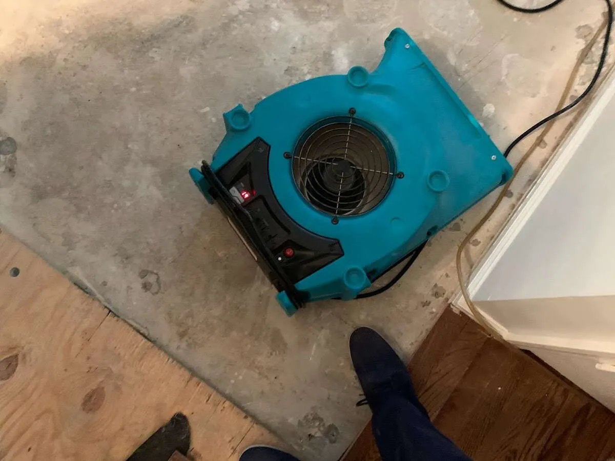 Air mover drying subfloor during Commercial Water Damage Restoration in Helena